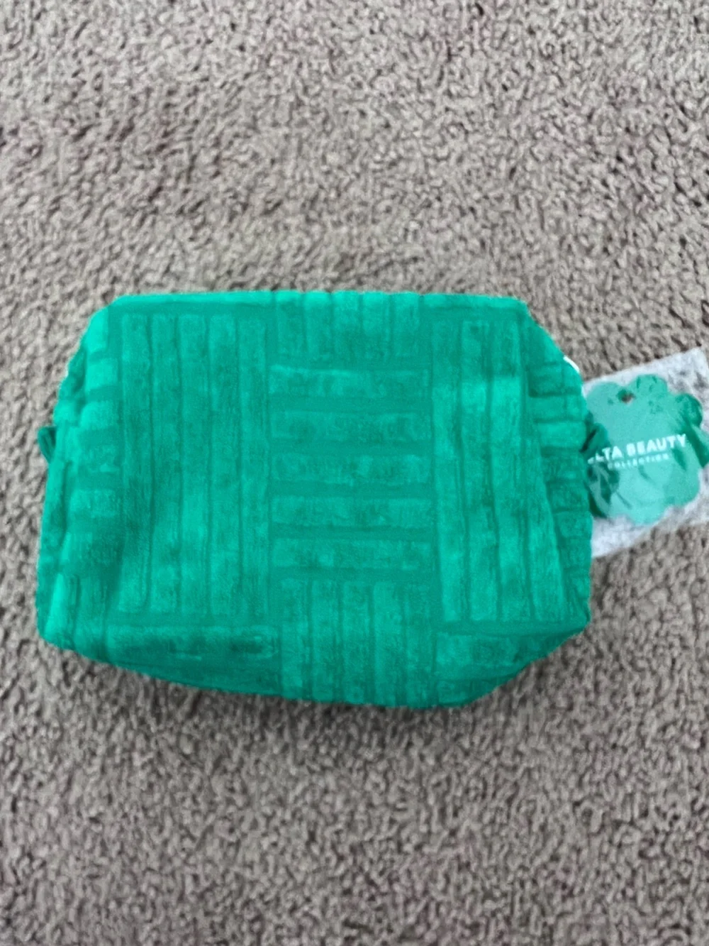 ULTA Beauty Makeup Set with Pink Sponge & Neutral Eyeshadow Palette green bag